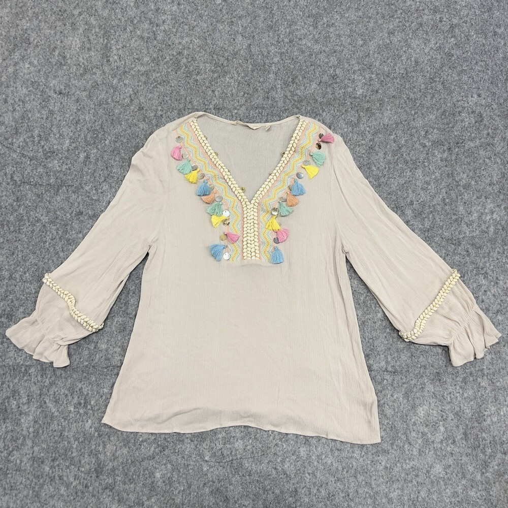 Soft Surroundings Top Womens Medium Beige Clementine Tassel Boho Artsy Tunic